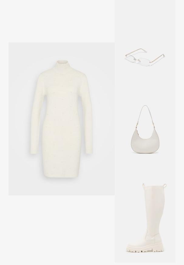 VILA VIEMILY PEARL DRESS - Strikkjoler - birch; Knælange hvide gummistøvler med en solid sål og elastiske paneler på siden. Har træksløjfer øverst for nemmere påklædning. Glat overflade.; Guldmetal briller med ovale linser, slanke arme og klare næsepuder. Har subtile hængsel accenter og gennemsigtige linser.; Cremefarvet læder skuldertaske med en halvmåneform, tynd rem og diskrete syninger. Minimalistisk design med hardware-accenter i guldton.