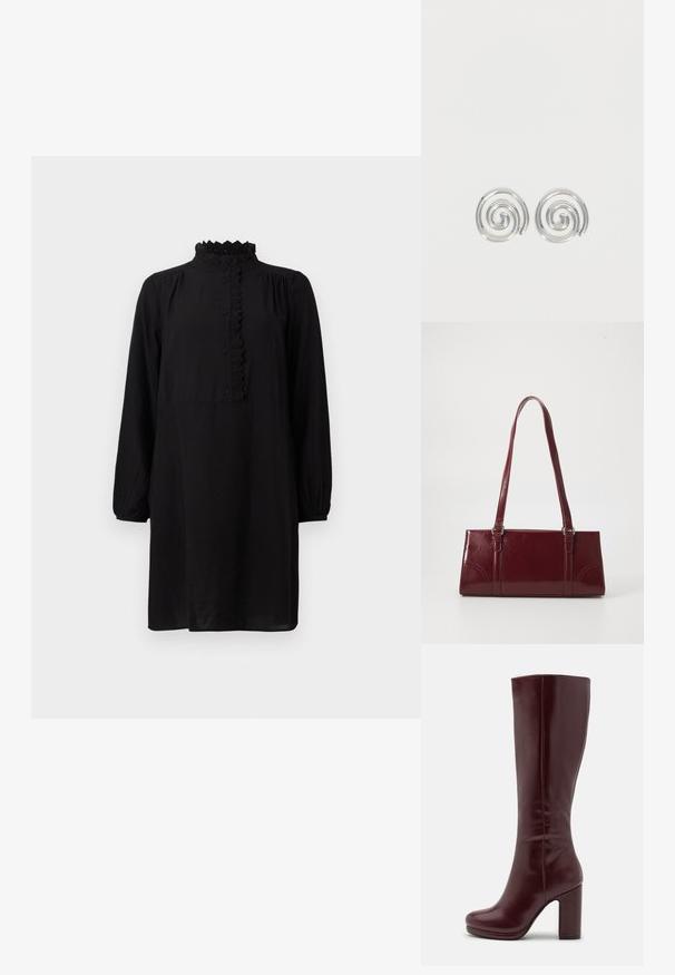 Robe noire à manches longues, dotée d'un col en dentelle haut et d'une patte de boutonnage décorative. Tissu doux et coupe décontractée pour plus de confort.; Anna Field Bottes à talons hauts - red; Sac à main bordeaux en matériau brillant, de forme rectangulaire, avec deux anses et des accents légèrement courbés à l'avant.; Paire de boucles d'oreilles en forme d'anneau spirale en argent avec un design lisse et arrondi sur fond blanc uni.