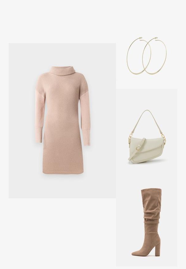 Robe pull en tricot torsadé rose pâle, avec un col montant, des manches longues, une texture côtelée et une silhouette ajustée.; Anna Field Bottes - beige; Petit sac à main crème avec une finition texturée, une longue sangle réglable, un accent en chaîne et une fermeture à rabat. Détails en matériel doré.; Pilgrim Boucles d'oreilles - gold-coloured