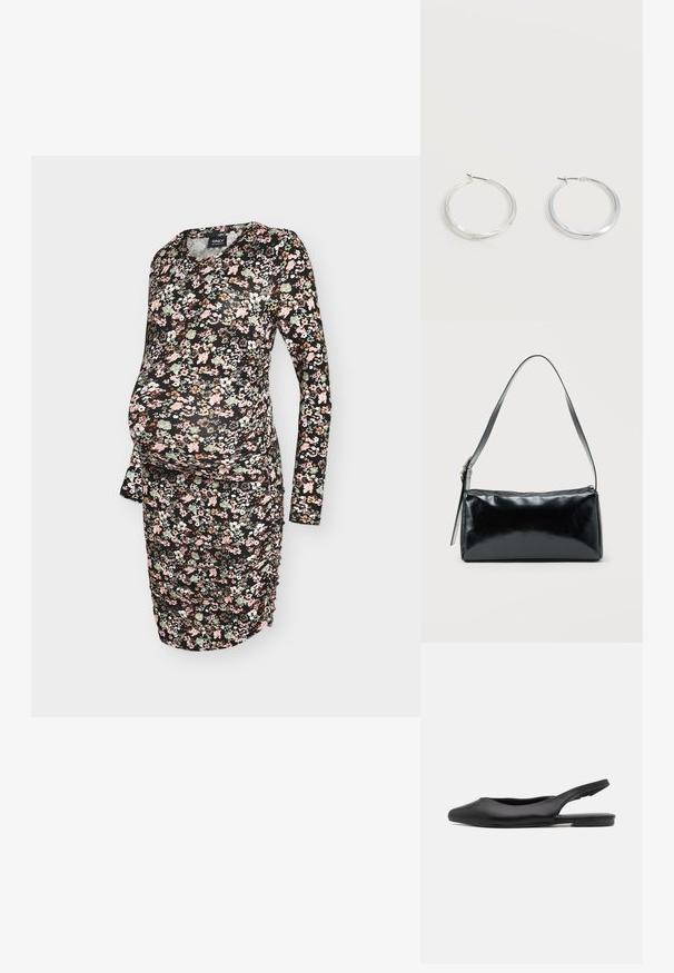 Lange mouw zwangerschapsjurk met een zwarte achtergrond en een bloemenpatroon in roze, groen en wit. Details aan de zijkant voor een goede pasvorm.; Zwarte leren slingback schoen met een spitse neus, platte hak en gebogen uitsnijdingen. Glad textuur en minimalistische stijl.; Zwarte rechthoekige schoudertas met een enkele verstelbare band en een bovenste ritssluiting op een effen achtergrond.; Zilverkleurige metalen creolen oorbellen met een glad, licht gebogen oppervlak en sluitingen met haaksluiting op een effen witte achtergrond.