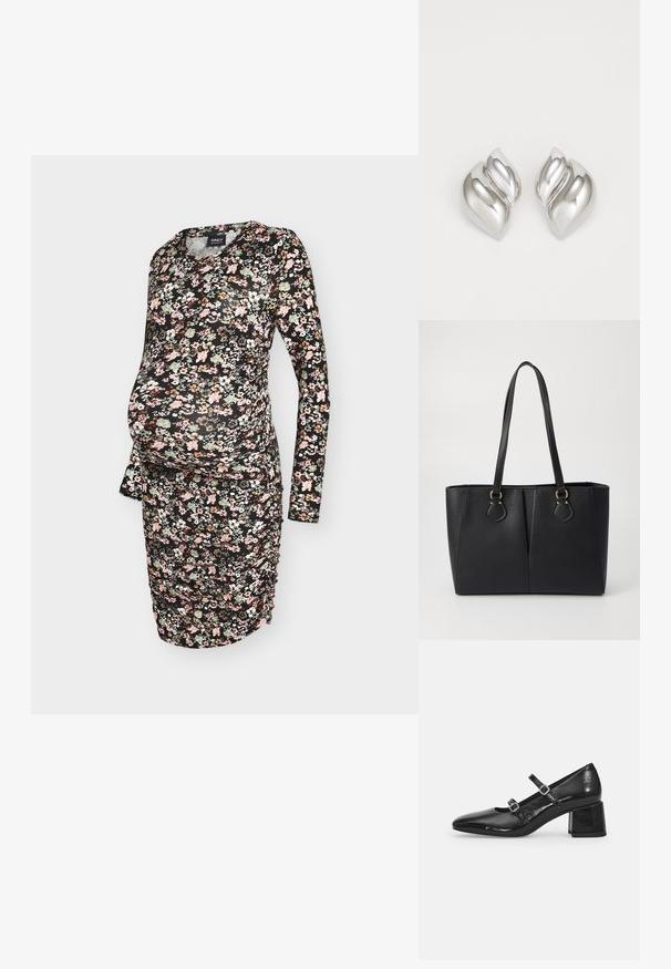 Vestido premamá de manga larga con fondo negro y un patrón floral en rosa, verde y blanco. Detalle fruncido en el lateral para un mejor ajuste.; Zapatos Mary Jane de charol negro con punta afilada, dos correas ajustables y tacón cuadrado grueso. Textura suave y acabado brillante.; Bolso tote de cuero sintético negro con un acabado texturizado, dos asas largas y detalles en tono dorado en el lateral. Forma rectangular.; Pendientes de plata con una forma orgánica y abstracta. Superficie lisa y brillante con un diseño cónico. Presentan suaves curvas y un detalle de línea central.