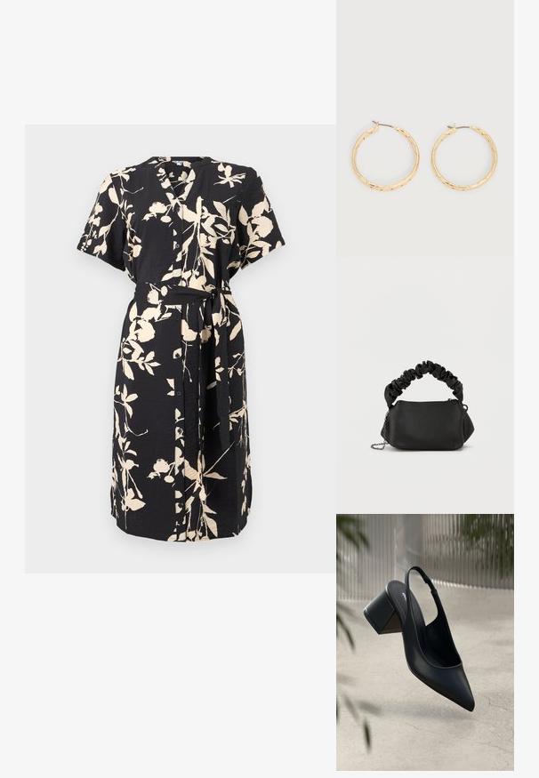 Vestido camisa negro midi con estampado floral beige claro, mangas cortas, botones delanteros y cinturón a juego atado a la cintura.; Zapato de tacón slingback de cuero negro con punta afilada y tacón cuadrado. Textura suave, diseño minimalista y correa ajustable en el tobillo.; Bolso negro con forma redondeada, hecho de material suave. Cuenta con un asa suave y arrugada y una correa de cadena de metal para mayor versatilidad.; Par de pendientes de aro con textura en tono dorado y postes delgados sobre un fondo blanco.