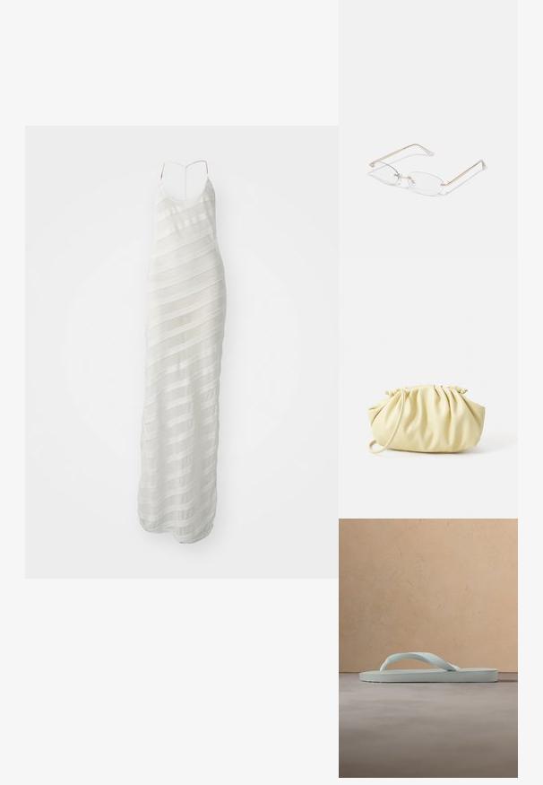 Witte maxi-jurk met dunne bandjes, voorzien van een doorschijnende stofoverlay met horizontale gestreepte patronen en een getailleerde silhouet.; Enkele lichtbeige rubberen teenslipper met een getextureerd voetbed en Y-vormige band op een effen grijze achtergrond.; Gouden metalen bril met ovale lenzen, slanke armen en transparante neus pads. Heeft subtiele scharnieraccenten en transparante lenzen.; Geel geplooide handtas van soepel nepleer, met een zachte vorm, een enkele schouderriem en een verzameld ontwerp aan de bovenkant.