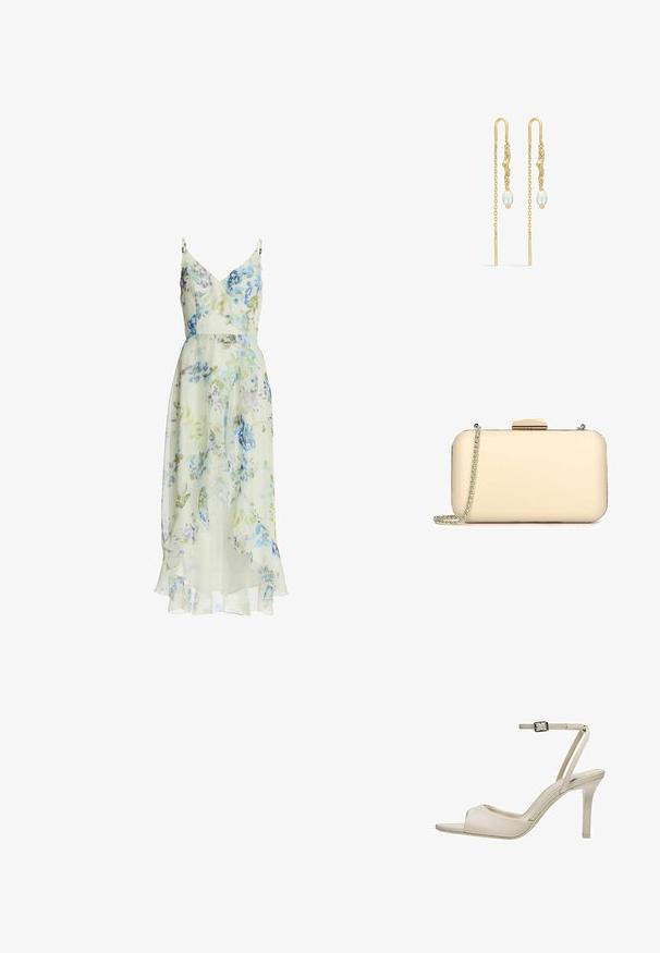 Robe mi-longue florale, tissu léger, base jaune verdâtre avec des fleurs bleues et violettes, encolure et ourlet à volants, bretelles spaghetti ajustables.; Sandale à talon haut beige avec bout ouvert, fine bride à la cheville et fermeture à boucle, vue de profil sur fond blanc.; Pochette de couleur crème avec une finition lisse, de forme rectangulaire, avec des accents en métal doré et une bandoulière en chaîne amovible.; Boucles d'oreilles en or au design texturé, avec une chaîne délicate et des perles blanches en bas. Forme élégante et allongée avec des barres fines.