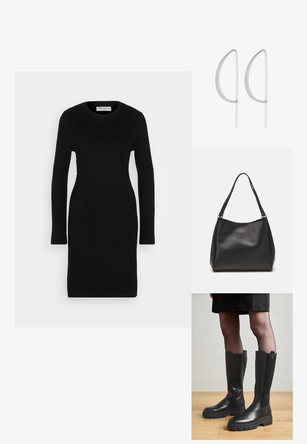 Robe noire en tricot avec des manches longues, texture côtelée et silhouette ajustée. Encolure arrondie et design longueur genou.; Bottes noires jusqu'au genou avec un extérieur en cuir lisse, des panneaux latéraux en élasthanne et une semelle en caoutchouc épaisse avec un motif de semelle texturé.; Sac à main en cuir synthétique noir avec une texture douce, forme hobo et doubles poignées; présente une finition brillante et un design minimaliste.; Boucles d'oreilles en métal argenté avec un design courbé minimaliste, présentant des formes en goutte d'eau allongées et ouvertes avec une finition mate.