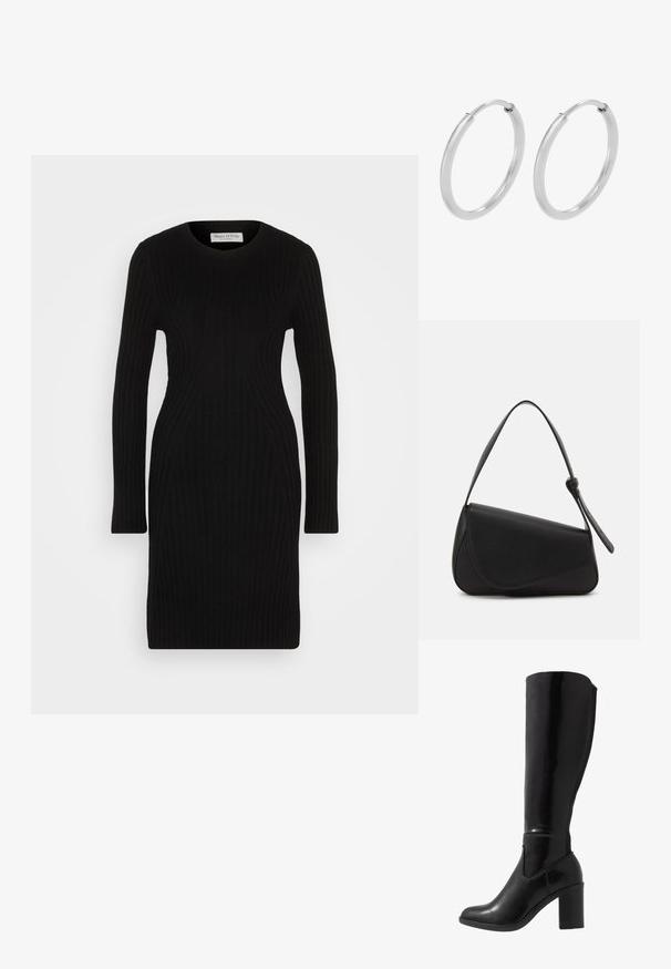 Robe noire en tricot avec des manches longues, texture côtelée et silhouette ajustée. Encolure arrondie et design longueur genou.; Bottes noires à talons vernies hauteur genou, avec un bout arrondi, une texture lisse, un détail de découpe sur le côté et un talon empilé chunky.; Sac à main en cuir noir de forme triangulaire, avec un rabat incliné et une poignée supérieure arrondie. Il présente une texture lisse et des détails de design minimalistes.; Boucles d'oreilles en argent, de forme circulaire, avec une texture lisse et brillante, et une largeur constante. Design minimaliste sans accents supplémentaires.