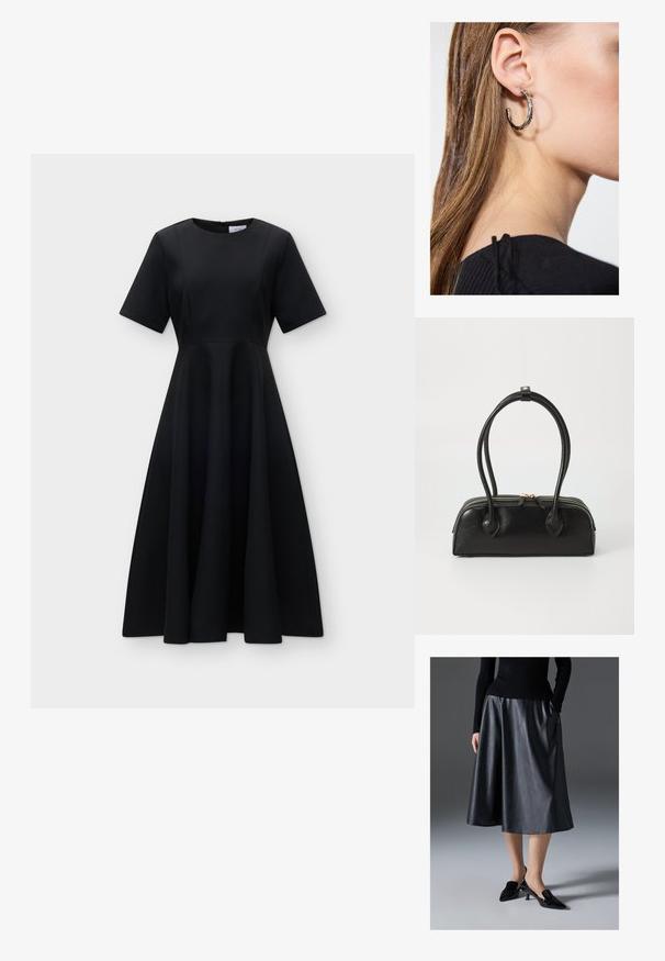 Sort midi-kjole med korte ærmer, tætsiddende overdel, udvidet skørt og rund halsudskæring, vist på en ensfarvet lys baggrund.; Sort læder midi skirt med en glat tekstur; har en talje og sidelommer. Sammen med blanke sorte højhælede sko.; Sort læder håndtaske med to langstrakte håndtag, lynlåslukning og afrundet form; glat tekstur med en subtil blank finish.; Sølv hoop ørestik med en poleret overflade, prydet med små guld accenter og en rund form, båret på øreflippen.