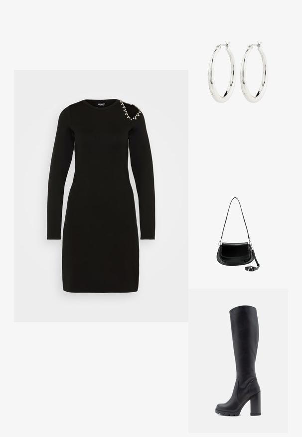 ONLY ONLCAYSA BLING O NECK DRESS - Robe de soirée - black; Botte noire montante, en cuir lisse, avec un talon épais, un bout rond, une semelle texturée avec adhérence, au design élégant sans embellissements.; Sac à épaule en cuir noir avec fermeture à rabat, bandoulière longue amovible enroulée à la base, et ferrures en métal argenté sur fond blanc.; Boucles d'oreilles créoles en argent avec une finition lisse et brillante. Forme circulaire, dotée d'un fermoir sécurisé. Design simple et élégant.