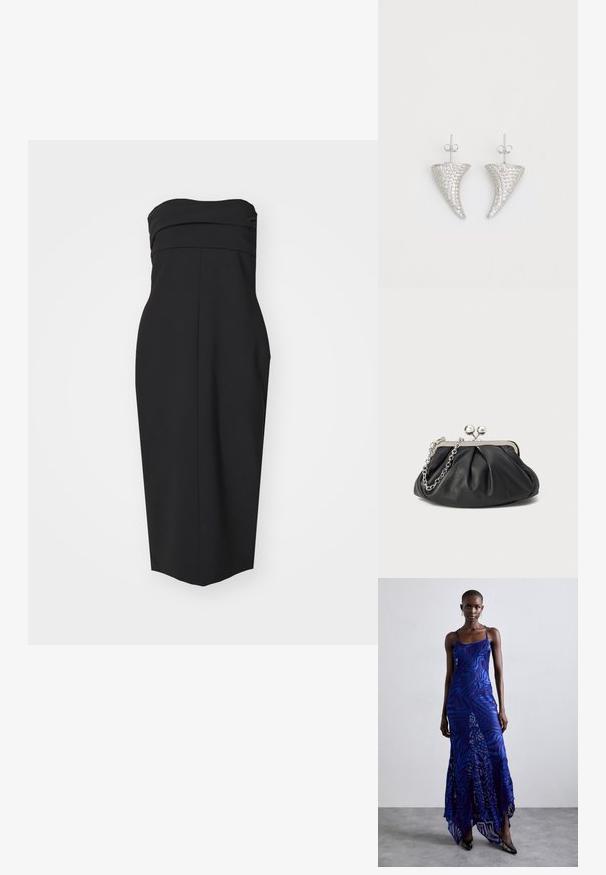 Schwarzes, trägerloses Kleid mit tailliertem Oberteil, geplisster Verzierung und geradem Schnitt. Hergestellt aus einem glatten Stoff ohne sichtbare Muster oder Akzente.; Maxikleid im blauen und lila Tiermuster mit dünnen Trägern, einem taillierten Oberteil, ausgestelltem Saum und transparenten Überlagerungen.; Schwarze Leder-Clutch mit geraffter Textur, silberfarbener Metallrahmen, Druckverschluss und Kettenriemen. Glatte, weiche Oberfläche.; Silberne, hornförmige Ohrringe, besetzt mit kleinen klaren Steinen, mit einem Steckverschluss zur Befestigung. Glatte Textur und metallisches Finish.