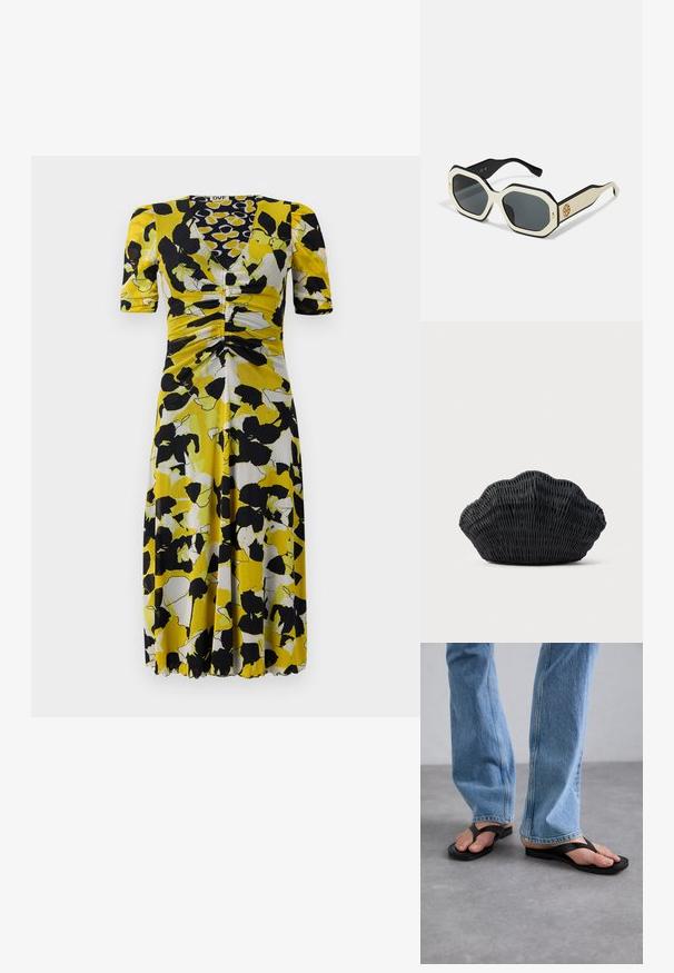 Vestido de estampado floral con un patrón amarillo, negro y blanco, escote en V, mangas cortas y detalles fruncidos en la cintura.; Chanclas negras con una amplia correa en forma de V, hechas de goma. Llevadas con jeans rectos de color azul claro, que muestran un denim texturizado.; Gafas de sol con un marco octagonal blanco, bordes negros y lentes grises. Un detalle del logo dorado en el lateral añade un acento distintivo.; Bolso de mimbre negro con forma de concha de vieira con parte superior curva y textura tejida sobre un fondo liso.