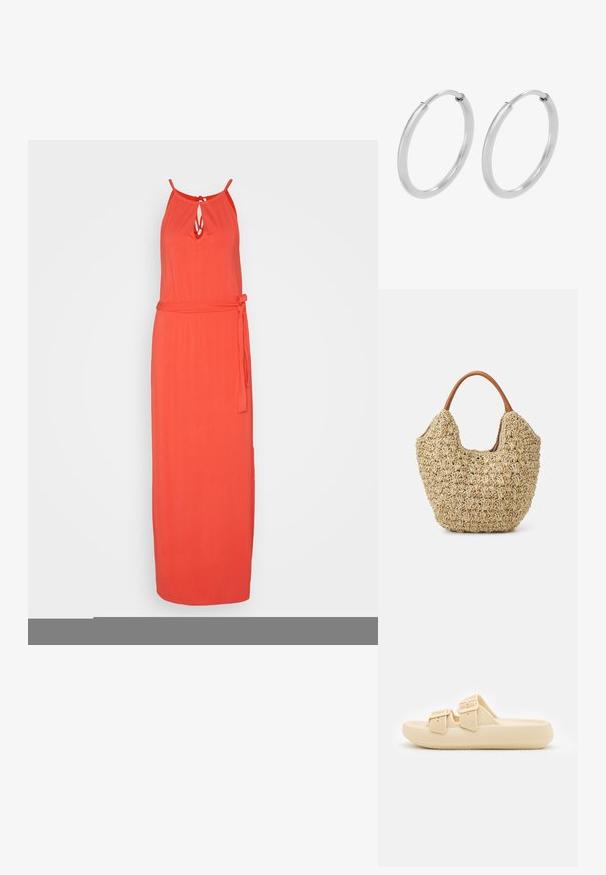 WAL G. SUMMER ESSENTIALS LENNY STRAPPY - Maxikjoler - fiery red; Beige slip-on sandal med tekstureret overdel, justerbare spænder og en tyk, polstret sål. Letvægtsdesign velegnet til afslappet brug.; Vævet stråtasker med en naturlig tekstur og en blød, organisk form, der har brune læderhåndtag for nem bæring.; Sølv hoops øreringe, cirkulær form, glat skinnende tekstur og ensartet bredde hele vejen igennem. Minimalistisk design uden yderligere accenter.