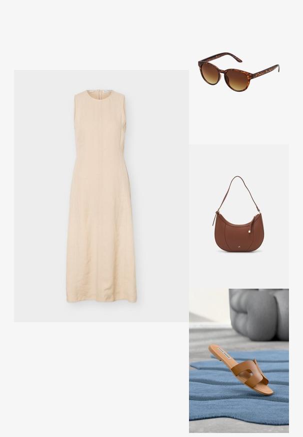Ermeløs beige midi-kjole med rund hals og skjult glidelås bak, laget av lett stoff.; Brun flat sandal med utskjæringsdesign, laget av glatt materiale. Har en lys tan-såle og en etikett på innersålen.; Skilpaddeskjell solbriller med en vintage katteøyne-form, gradient brune linser og en glatt, blank finish på rammene og armene.; Brun kunstlæder skuldertaske med buet form, minimal syning og detaljer i guld-tonet hardware. Har en top lynlås lukning og justerbar rem.