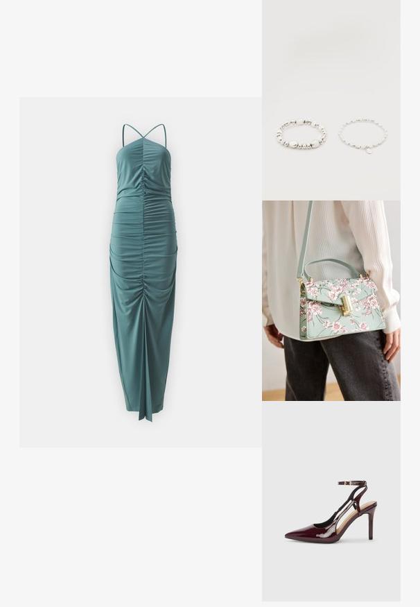 Teal, mouwloze jurk van gladde stof met plooien aan de voorkant en achterkant, en een hoge split tot boven de dij voor extra detail.; Bordeaux patentleren hoge hak schoenen met een spitse neus, enkelbandje en uitsnijdingen aan de zijkanten. Strakke en glanzende afwerking.; Bloemmotief handtas in muntgroen met een gestructureerde vorm, gouden hardware en een bovenhandvat. Het ontwerp bevat roze bloemen en groene bladeren.; Twee zilveren kralenarmbanden op een witte achtergrond; één met onregelmatige kralen en de andere met uniforme kralen en een kleine druppelvormige bedel.