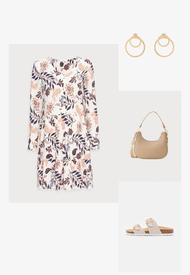 TOM TAILOR DRESS WITH FLOUNCE - Vestido informal - white; Sandalias deslizantes beige con dos correas ajustables y hebillas en tono dorado. Plantilla de corcho con una suela exterior de goma blanca texturizada.; Pequeña bolsa de hombro beige con parte superior curvada, correa larga desmontable y cierres de tono dorado sobre un fondo blanco liso.; Pendientes de aro en tono dorado que presentan dos círculos entrelazados con un acabado texturizado. Diseñados con un respaldo liso y seguro.