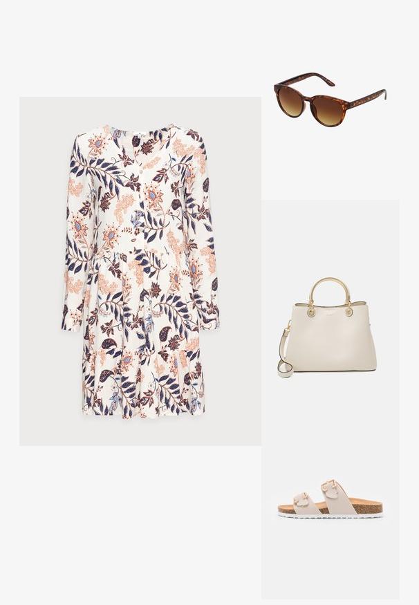 TOM TAILOR DRESS WITH FLOUNCE - Robe de jour - white; Sandales à glissière beige avec deux sangles réglables et boucles en ton doré. Semelle en liège avec une semelle extérieure en caoutchouc blanc texturé.; Lunettes de soleil écaille de tortue avec une forme vintage œil de chat, verres dégradés marron et finition lisse et brillante sur les montures et les branches.; Sac à main en cuir crème avec une forme structurée, quincaillerie dorée, doubles anses supérieures et une bandoulière amovible. Finition douce et texturée.