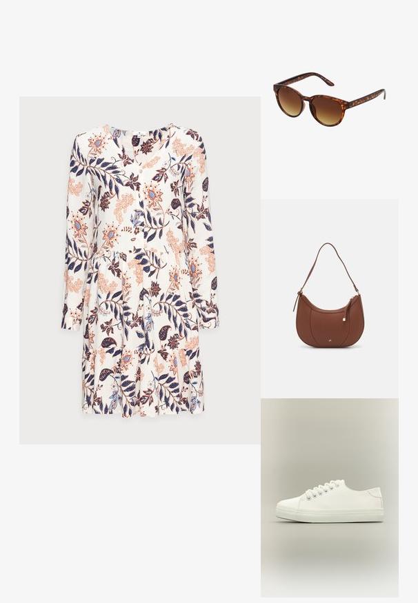 TOM TAILOR DRESS WITH FLOUNCE - Φόρεμα ημέρας - white; Λευκό sneaker χαμηλού τύπου με λευκά κορδόνια και λαστιχένια σόλα, εμφανίζεται από πλάγια όψη σε ουδέτερο φόντο.; Γυαλιά ηλίου σε χρώμα ταρταρούγα με vintage σχήμα γάτας, φακούς σε καφέ gradient και λεία, γυαλιστερή φινίρισμα στους σκελετούς και τα κοτσάνια.; Καφέ ψεύτικη δερμάτινη τσάντα ώμου με καμπύλο σχήμα, ελάχιστη ραφή και χρυσή μεταλλική λεπτομέρεια. Διαθέτει κλείσιμο με φερμουάρ στην κορυφή και ρυθμιζόμενο λουρί.
