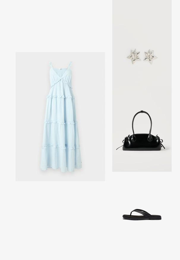 Vestido maxi sin mangas de color azul claro con volantes en capas y escote en V con tirantes finos.; Chancla negra con suela de goma de textura suave y correas sintéticas elegantes. El diseño incluye un hardware minimal y un perfil bajo.; Pequeño bolso negro brillante con dos asas largas y detalles de cordón lateral sobre un fondo claro liso.; Pendientes de aro plateados en forma de estrella con un acabado liso y pulido sobre un fondo blanco liso.