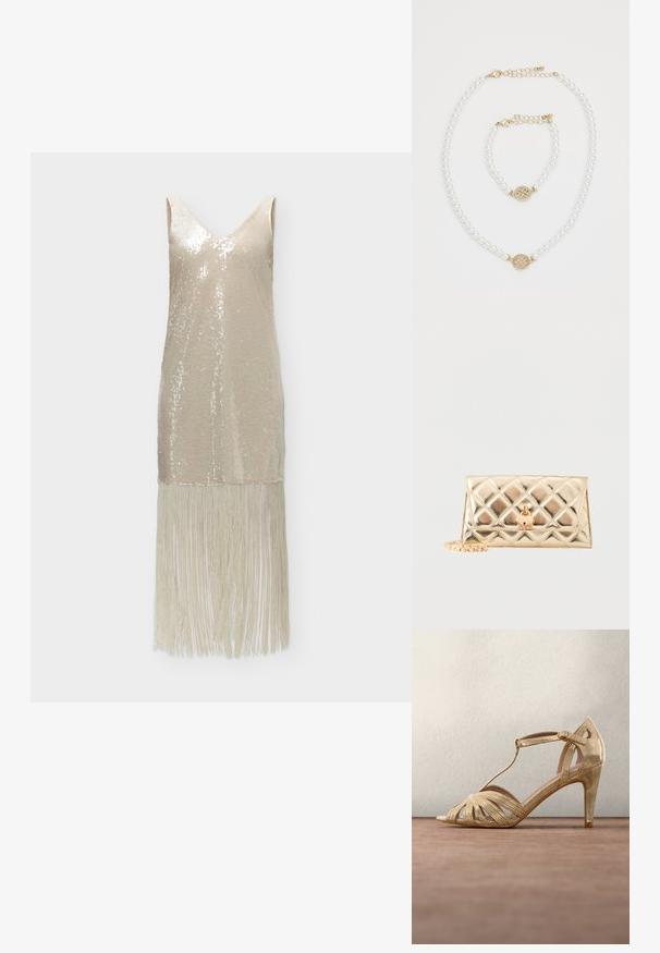 Robe beige sans manches à sequins avec décolleté en V et longues franges à l'ourlet, présentée sur un fond uni.; Sandale à talons hauts dorée avec des lanières, design en T, bandes frontales tressées étroites et un talon fin. Fini métallique lisse et boucle à la cheville.; Pochette matelassée métallisée dorée avec serrure en forme de cœur et chaîne dorée attachée sur fond blanc.; Collier en perles et bracelet assorti avec fermoirs en or et petit charm rond en or décoré de petits cristaux sur fond blanc.