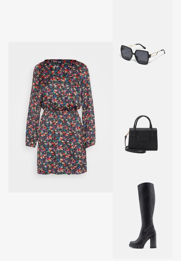 GAP WRAP MINI DRESS - Hverdagskjole - celebration floral; Sort knæhøj støvle, glat lædermateriale, kraftig hæl, rund tå, tekstureret sål med greb, slankt design uden udsmykninger.; Anna Field Solbriller - black; Sort struktureret håndtaske lavet af læder med et topgreb, aftagelig skulderrem og detalje med frontklap. Guldhardware accenter.