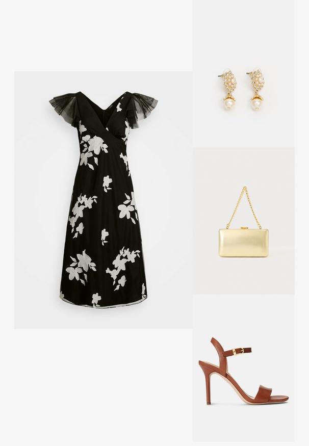 Sort kjole med hvid blomsterbroderi, V-hals og gennemsigtige sorte tyl flutterærmer. A-linje silhuet med knælang kant.; Brune læder højhælede sandal med et elegant design, justerbar ankelrem og subtil guldspænde accenter. Åben tå og glat tekstur.; Rektangulær guld clutch taske med skinnende overflade, metal-lås og kort guldkædehank mod en lys ensfarvet baggrund.; Guldtonede øreringe med et blomstermotiv, prydet med perleaccent og en større perledrop. Udsmykket med små, klare krystaller.