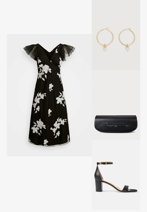 Sort kjole med hvid blomsterbroderi, V-hals og gennemsigtige sorte tyl flutterærmer. A-linje silhuet med knælang kant.; Lauren Ralph Lauren LOGAN BURNISHED LEATHER SANDAL - Sandaler - black; Sort læderclutch med glat tekstur, rundet form og en dekorativ rem med et guldfarvet logodetalje.; Guld hoops øreringe, hver med en enkelt hængende hvid perle og små rhinsten detaljer på en lys baggrund.