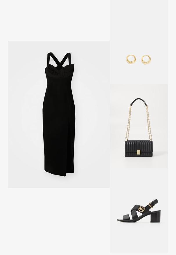 Vestido negro sin mangas con tirantes cruzados, cuerpo texturizado y una abertura lateral, que presenta una silueta ajustada y una tela suave.; Sandalia de cuero negra con correas entrelazadas y un logo redondo de MK. El tacón es de altura media, proporcionando estabilidad y un diseño elegante.; Bolso de mano de cuero negro con diseño acolchado, cadena dorada y correa de cuero para el hombro, forma rectangular, con un detalle metálico en el cierre.; Pendientes de aro de oro con un acabado suave, forma circular y un pequeño hueco en el cierre para una fácil colocación. Diseño simple y minimalista.