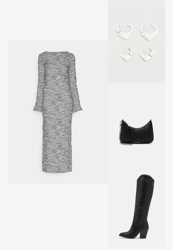 Vero Moda VMKATE LONG DRESS - Maxi-jurk - black/white; RAID LAKELYN - Laarzen met hoge hak - black; Zwarte synthetische handtas met een gebogen vorm, zilveren kettingriem, ritsluiting en een reliëf logo van het merk op de voorkant. Gladde textuur.; Twee paar glanzende zilveren oorbellen in de vorm van ringen met een kenmerkend puntig, V-vormig ontwerp, weergegeven op een witte achtergrond.