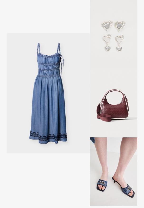 Vestido de mezclilla con tirantes finos ajustables, cuerpo fruncido y falda de volantes. Presenta detalles bordados en negro en el dobladillo.; Mules con una parte superior de tela con un patrón azul que presenta un detalle de hebilla dorada, punta cuadrada y un pequeño tacón de kitten.; Bolso de mano de cuero tejido color granate con asa curva, ribete blanco, cremallera plateada y correa desmontable de tela ancha para el hombro sobre fondo liso.; Pendientes en forma de corazón plateados que presentan piedras claras facetadas, con un marco texturizado. El conjunto incluye estilos de perno y tipo gota.