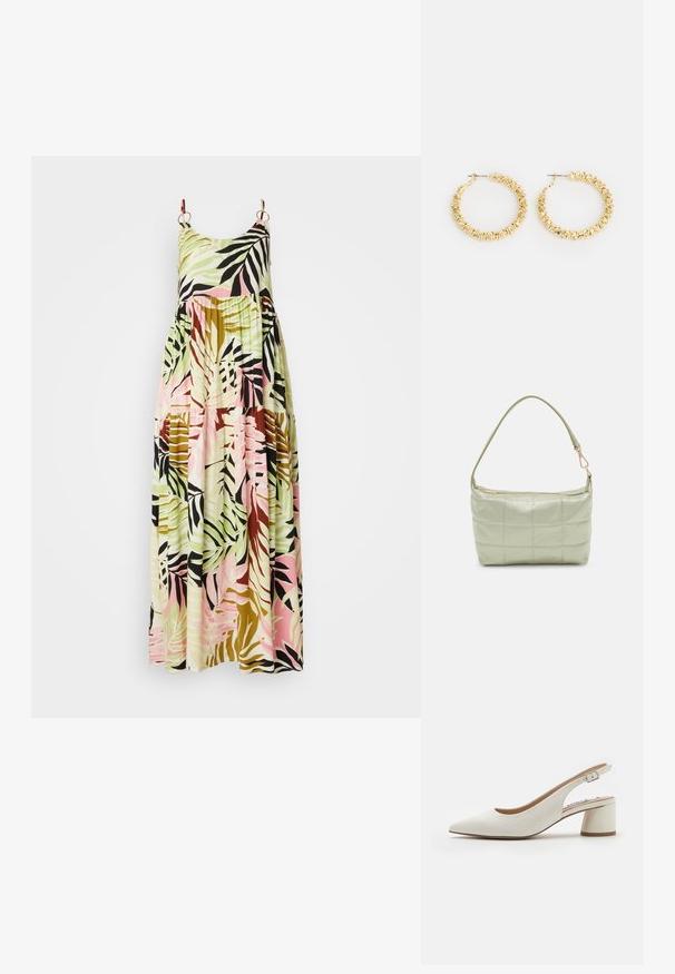 Vestido largo con escote redondeado y tirantes finos, que presenta un patrón de hojas tropicales multicolores en verdes, rosas y marrones.; Zapato de tacón destalonado de cuero blanco con punta afilada, tacón bloque de altura media y correa ajustable. Textura suave; diseño minimalista.; Bolsa de hombro acolchada de color verde con una textura suave, forma rectangular, correa única y cierre de cremallera en tono dorado. Presenta un patrón acolchado.; Pendientes de aro dorados con una superficie texturizada y pequeños acentos redondeados. Diseño circular y cierre de tipo post-back.