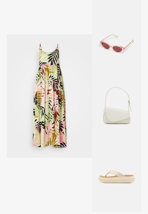 Vestido largo con escote redondeado y tirantes finos, que presenta un patrón de hojas tropicales multicolores en verdes, rosas y marrones.; Chancla beige con una amplia correa en los dedos y una suela gruesa y redondeada. Presenta un material superior suave y una plantilla en color marrón que contrasta.; Gafas de sol transparentes rosas con lentes ovalados, tinte rojo oscuro y varillas delgadas, con un acabado suave y detalles sutiles en la montura.; Bolso de mano de imitación cuero blanco con una forma triangular estructurada, correa ajustable única y cierre con solapa acentuada en curva.