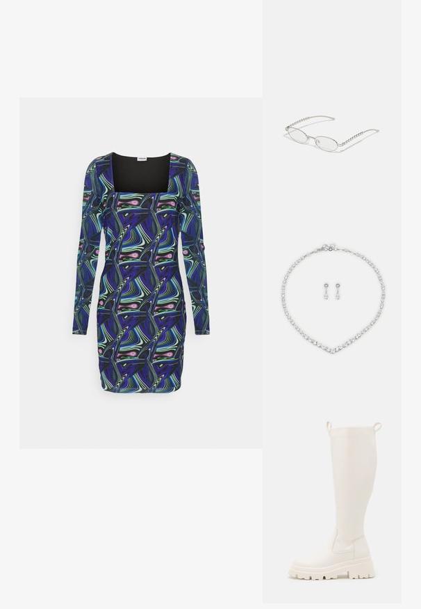 Noisy May NMLESLEY SQUARE SHORT DRESS - Robe de jour - deep blue; Bottes en caoutchouc blanches jusqu'aux genoux avec une semelle épaisse et des panneaux élastiques sur les côtés. Elles sont dotées de languettes en haut pour un enfilage facile. Texture lisse.; Lunettes ovales avec une monture métallique argentée, verres transparents et accents de branches texturées avec perles. Design léger avec des branches courbées.; Collier en strass avec un design en V et en métal argenté. Accompagné de boucles d'oreilles pendantes assorties avec des pierres en forme de poire.