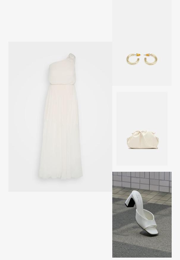 NAF NAF KLARISSE - Robe de cocktail - nude; Une mule blanche à bout ouvert avec talon bloc posée sur un bitume gris devant un mur carrelé.; Pochette en cuir souple couleur crème avec un design froncé et une fine bandoulière reposant à l’avant sur un fond uni.; Boucles d'oreilles en métal doré en forme d'anneau, avec une finition lisse et arrondie. Elles possèdent des accents orange à l'arrière pour un maintien sécurisé.
