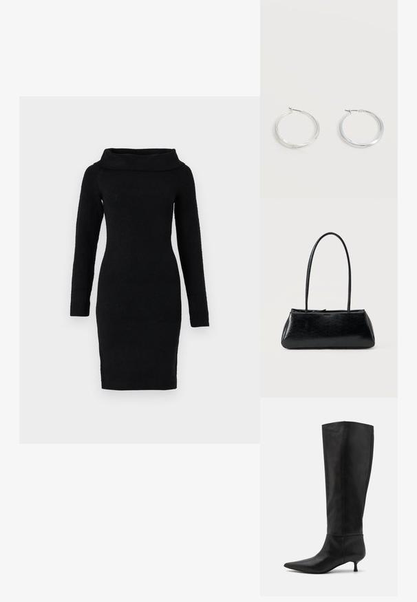 Sort strikket kjole med lange ærmer og bred cowl-halsudskæring, tætsiddende silhuet og knælang kant.; Knæhøje sorte læderstøvler med spids tå og kitten-heel. Glat tekstur og minimalistisk design uden synligt hardware eller accenter.; Sort rektangulær skuldertaske med lange tynde stropper og en glat, blank tekstur på en ensfarvet baggrund.; Sølvfarvede metaloorringe med glat, let buet overflade og låsemekanisme på en ensfarvet hvid baggrund.
