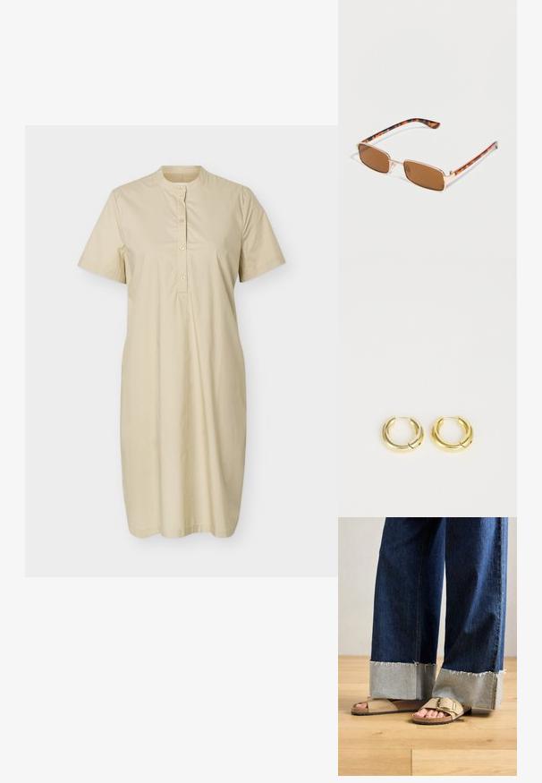 Vestido beige de manga corta hasta la rodilla con cuello mao y tapeta con cuatro botones en la parte delantera.; Pies con sandalias Birkenstock beige con hebillas de oro, combinadas con jeans de mezclilla azul oscuro enrollados en los puños, de pie sobre un suelo de madera.; Gafas de sol con lentes rectangulares marrones, montura delgada de metal dorado y patillas con patrón de carey sobre un fondo blanco.; Pendientes de aro de oro con una superficie lisa y reflectante, que presentan un diseño redondeado y robusto, además de un cierre de bisagra para facilitar su uso.