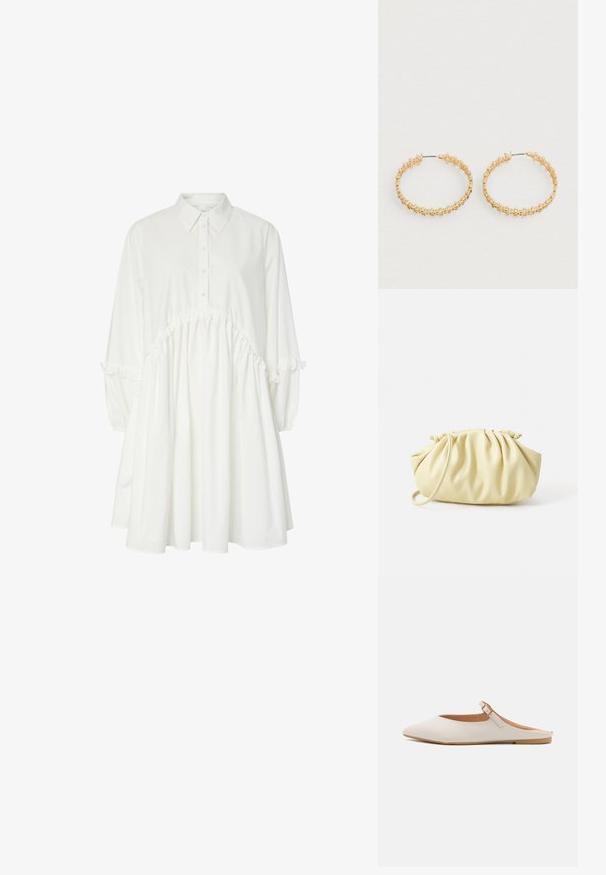 Robe blanche à manches longues, longueur genoux, avec un col, un devant à boutons, des détails volantés à la taille et aux manches, et une jupe évasée.; Mule en cuir blanc avec un embout pointu et une petite bride de cheville. Présente une semelle intérieure brun clair et une semelle en caoutchouc beige. Texture lisse.; Sac à main plissé jaune en simili cuir lisse, arborant une forme douce avec une bandoulière unique et un design froncé sur le dessus.; Boucles d'oreilles créoles en or avec un design texturé orné de petites perles rondes sur le bord extérieur. Légères avec une fermeture sécurisée.