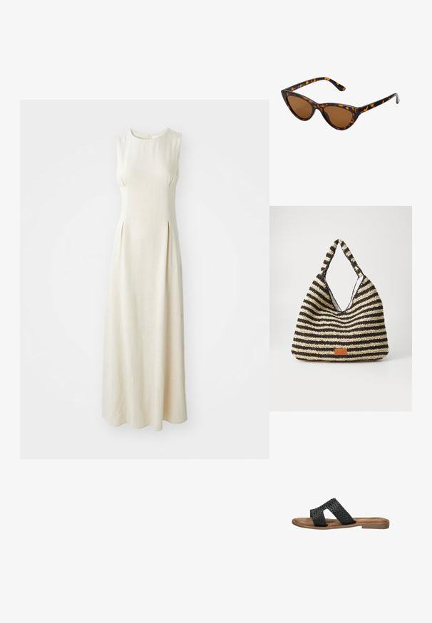 Vestido maxi sin mangas de color crema, hecho de un tejido texturizado, con un cuello redondeado y sutiles pliegues en la parte delantera.; Sandalias deslizantes de cuero trenzado negro con dos correas superpuestas, plantilla acolchada color marrón claro y una suela delgada de goma marrón.; Gafas de sol estilo ojo de gato con montura de carey negra y naranja, lentes marrones y puntas elegantes y afiladas. Presenta un logo minimalista en la patilla.; Bolsa tejida a rayas en negro y beige, con un diseño holgado, superficie texturizada y un pequeño parche de cuero.