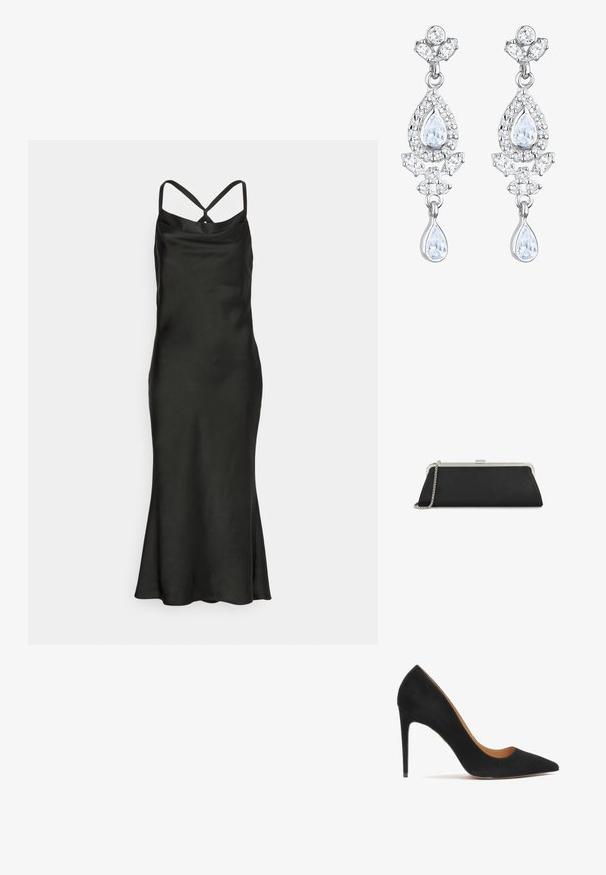 Jarlo Petite BIBI - Cocktailkleid/festliches Kleid - black; Schwarze Wildleder-Pumps mit hohen Absätzen und spitzem Zehenbereich, glatter Oberfläche und eleganter Silhouette. Sie verfügen über einen schlanken Stiletto-Absatz und offene Seiten.; Lange schwarze Clutch mit silbernem Metallrahmen und Kettenriemen, auf weißem Hintergrund platziert.; Elli ANTIQUE DROP - Ohrringe - weiß