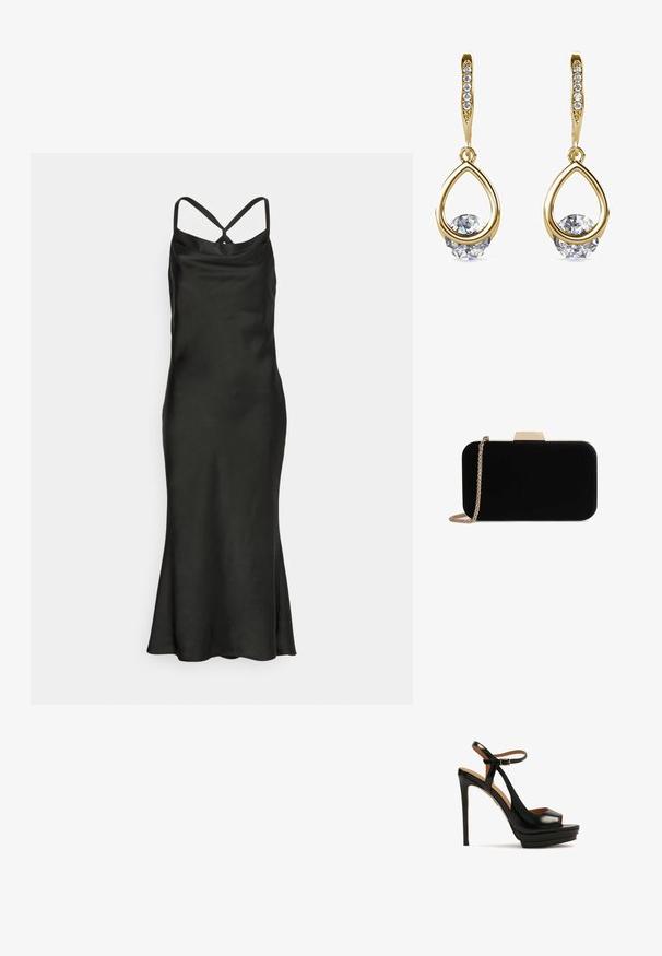 Jarlo Petite BIBI - Cocktailkleid/festliches Kleid - black; Schwarze High-Heel-Sandale mit offenem Zeh, Knöchelriemen, glänzendem Leder, Plattformsohle und Stiletto-Absatz. Mit goldenen Hardware-Details.; Schwarze Samt-Clutch mit goldfarbener Hardware, rechteckiger Form und Kettenriemen, mit glatter Textur und ohne sichtbare Muster.; Goldene Tropfenohrringe mit runden, klaren Edelsteinen an der Basis. Texturierter Oberbereich mit kleinen, runden Akzenten entlang des Creolen.