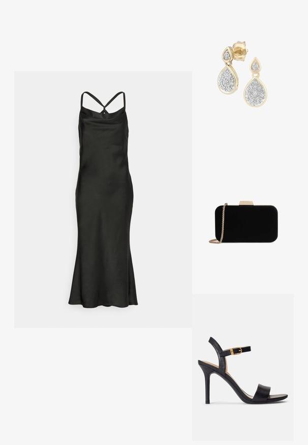 Jarlo Petite BIBI - Cocktailkleid/festliches Kleid - black; Schwarze Sandalen mit hohen Absätzen und glattem Leder-Obermaterial, offene Zehenpartie und einem Design mit einem einzigen Riemen, verziert mit einer goldenen Schnalle.; Schwarze Samt-Clutch mit goldfarbener Hardware, rechteckiger Form und Kettenriemen, mit glatter Textur und ohne sichtbare Muster.; Tropfenohrringe mit einem goldenen Rahmen und silbernen Akzenten, verziert mit mehreren kleinen, runden glitzernden Steinen in einer dekorativen Anordnung.