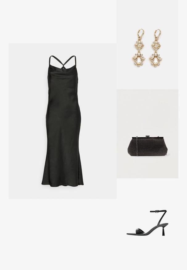 Jarlo Petite BIBI - Cocktailkleid/festliches Kleid - black; Bershka High Heel Sandalette - black; Schwarze Mesh-Clutch mit strukturierter Silhouette, verziert mit kleinen metallic-nieten, besitzt einen Verschluss mit Klappe und einen abnehmbaren Kettenriemen.; Ohrringe mit Gold-Finish im Design eines Clusters, das runde und tropfenförmige klare Kristalle zeigt und aufwendige Details präsentiert.