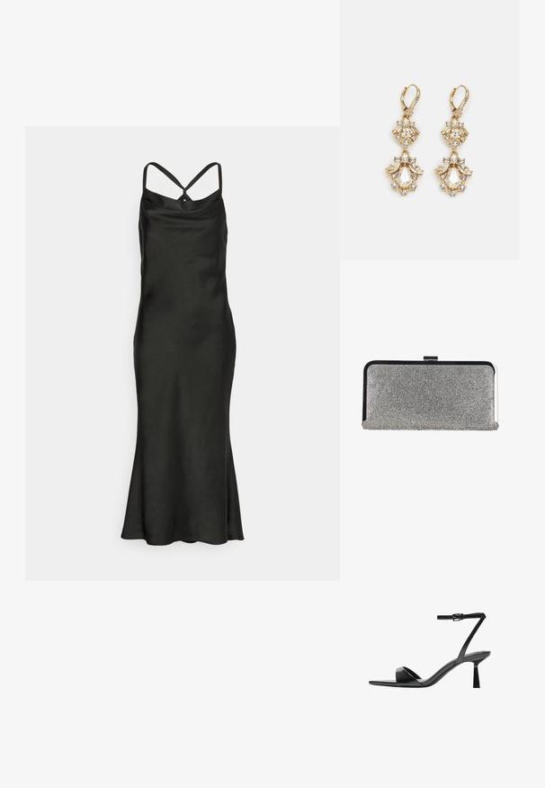 Jarlo Petite BIBI - Cocktailkleid/festliches Kleid - black; Bershka High Heel Sandalette - black; Rechteckige silberne Clutch-Tasche, bedeckt mit kleinen Strasssteinen, mit einem schwarzen und silbernen Metallrahmen und einem Verschluss.; Ohrringe mit Gold-Finish im Design eines Clusters, das runde und tropfenförmige klare Kristalle zeigt und aufwendige Details präsentiert.