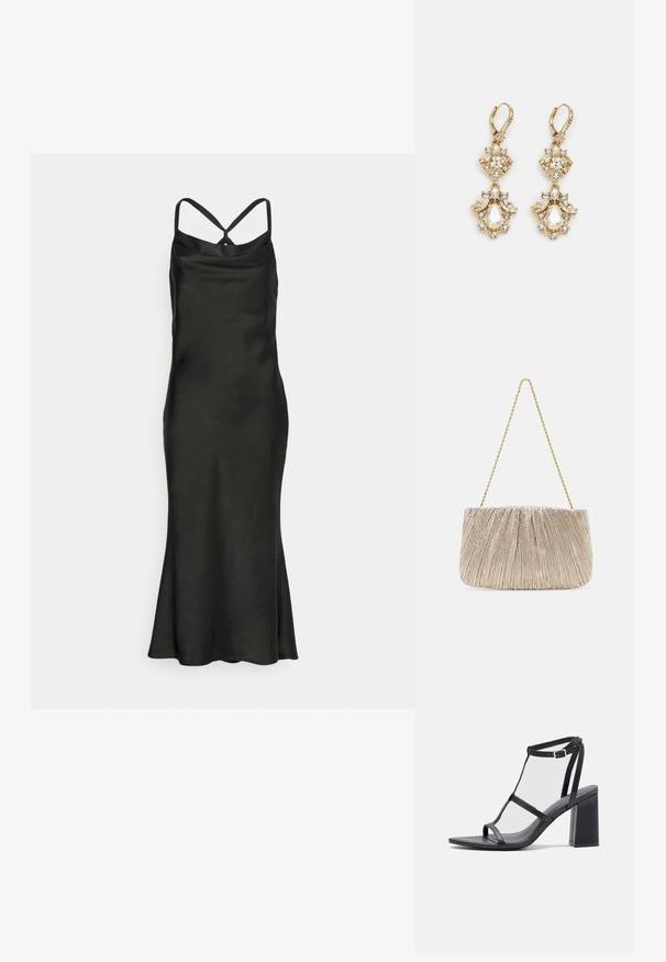 Jarlo Petite BIBI - Cocktailjurk - black; Zwarte haksandalen met een vierkante teen en blokhak. Voorzien van dunne banden en een verstelbare enkelgesp. Gladde lederen textuur.; Plooitjes metallic stoffen handtas met een gouden kettinghengsel, zachte rechthoekige vorm, lichtbeige kleur, gestructureerd oppervlak en gathered details.; Gouden hangoorbellen met een clusterontwerp, versierd met ronde en druppelvormige heldere kristallen, die zich kenmerken door ingewikkelde details.