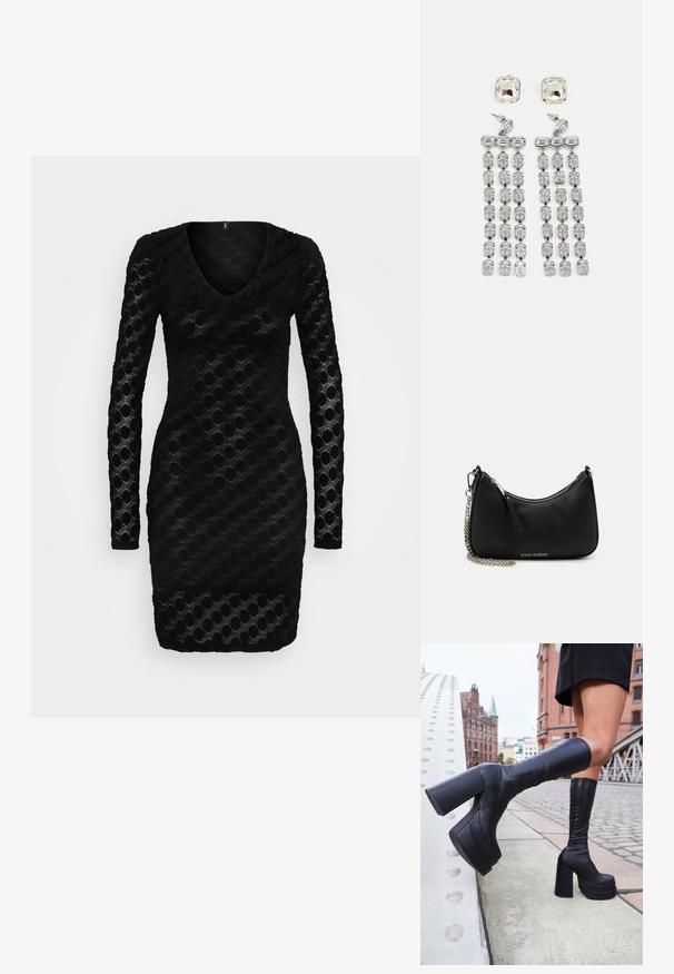 ONLY ONLRIE V NECK DRESS - Φόρεμα ημέρας - black; Μαύρες πλατφόρμες μέχρι το γόνατο από λείο δέρμα, με χοντρές τετράγωνες σόλες και κομψό σχέδιο, με φόντο μια αστική σκηνή.; Μαύρη συνθετική τσάντα χειρός με καμπυλωτό σχήμα, ασημί αλυσίδα, κλείσιμο με φερμουάρ και ανάγλυφο λογότυπο της μάρκας μπροστά. Λείος υφής.; Κρυστάλλινα σκουλαρίκια με ασημένια λεπτομέρεια, που διαθέτουν τετράγωνη σφαίρα και πτώσεις με διαδοχικές σειρές ορθογώνιων και οκταγωνικών κρυστάλλων.
