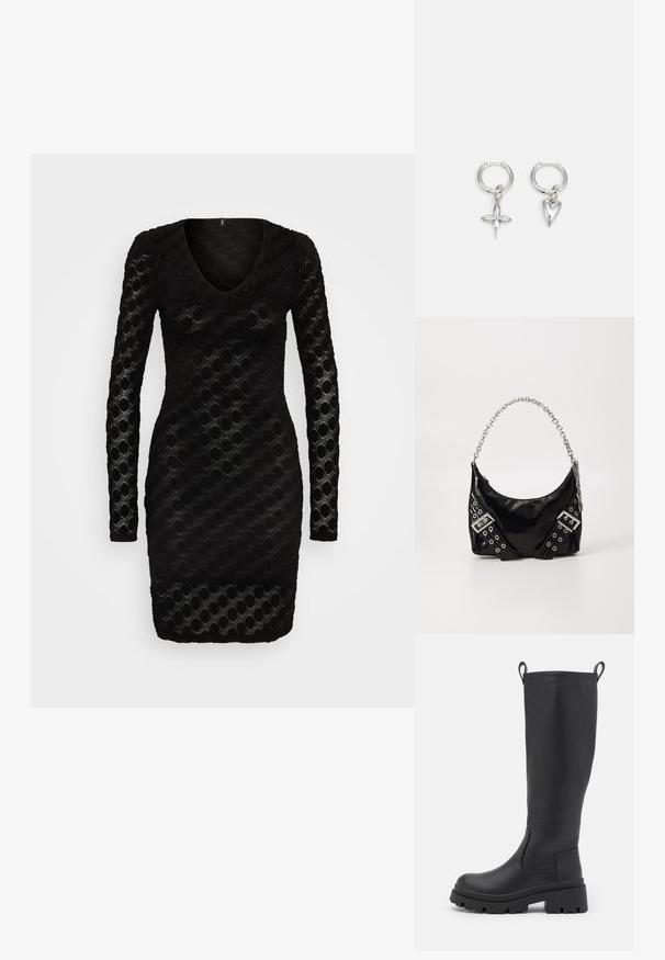 ONLY ONLRIE V NECK DRESS - Φόρεμα ημέρας - black; Μαύρη μπότες μέχρι το γόνατο φτιαγμένη από λείο δέρμα με χοντρή σόλα και ελαφριά τακούνι. Διαθέτει ταινίες για εύκολη εφαρμογή και ελαστικές πλαϊνές πάνλες.; Μαύρη τσάντα από πατεντέ δέρμα με γυαλιστερή ασημένια αλυσίδα λαβής, που διαθέτει διακοσμητικές λωρίδες και μεταλλικά γρύλια. Κομψή, καμπυλωτή μορφή.; Ασημένες κρίκοι σκουλαρίκια που περιλαμβάνουν ένα charm σε σχήμα σταυρού και καρδιάς. Λείο, γυαλιστερό υφή με γυαλισμένη φινίρισμα. Κάθε charm κρέμεται από έναν ασφαλή βρόχο.