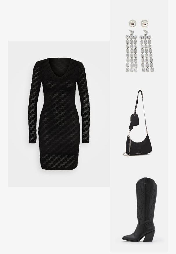 ONLY ONLRIE V NECK DRESS - Denné šaty - black; Čierne kožené kovbojské topánky s špicatou špičkou, zúženým stohovaným podpätkom a dekoratívnym prešívaním pozdĺž strán.; Čierna nylonová taška cez rameno so zakriveným tvarom, strieborným reťazovým akcentom, odnímateľnou mini taškou a nastaviteľným popruhom; má logo "Steve Madden".; Náušnice s krištáľovým kvapkovým dizajnom a striebornými kovovými prvkami, s plošným štvorcovým náušnicovým zámkom a kaskádou radov obdĺžnikových a osmičkových krištáľov.