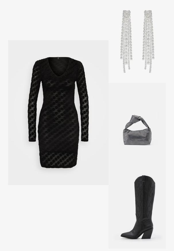 ONLY ONLRIE V NECK DRESS - Denné šaty - black; Čierne kožené kovbojské topánky s špicatou špičkou, zúženým stohovaným podpätkom a dekoratívnym prešívaním pozdĺž strán.; Čierna a strieborná kabelka s textúrovaným povrchom so vzorom diamantov, s uzlovou rukoväťou a štruktúrovaným tvarom.; Dlhé strieborné náušnice s množstvom priehľadných, fasetovaných kryštálov v kaskádových pramienkoch rôznych dĺžok a tvarov.