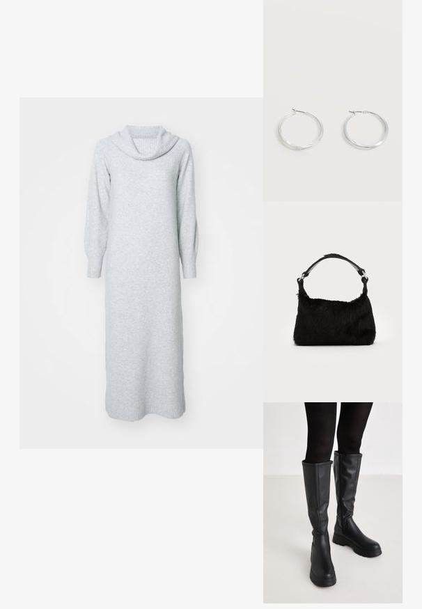 Lys grå strikket kjole med en cowl-udskæring, lange ærmer og ribbede manchetter. Lang, lige silhuet med en blød tekstur.; Even&Odd by Zalando Plateaustøvler - black; Sort faux fur håndtaske med en blød tekstur, rund form og en robust skulderrem i sort læder. Synlige sølvhardware-detaljer.; Sølvfarvede metaloorringe med glat, let buet overflade og låsemekanisme på en ensfarvet hvid baggrund.