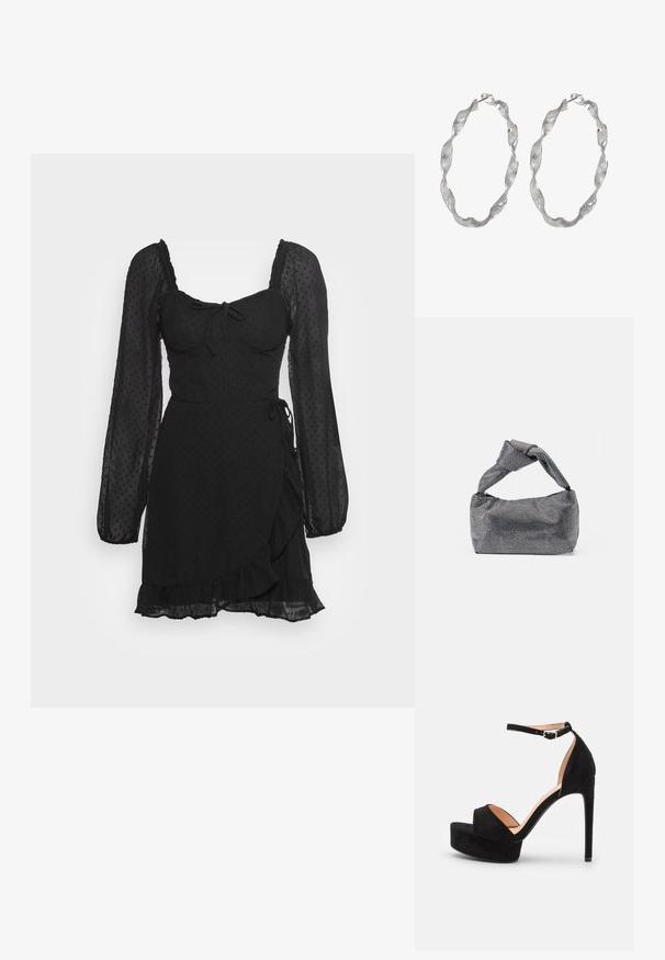 Hollister Co. DRESS - Freizeitkleid - black; Schwarze Wildleder-Peeptoe-Sandale mit hoch gelegener Plateausohle, Knöchelriemen mit silberner Hardware, offenem Zehenbereich und glatter Textur.; Schwarz-silberne Handtasche mit einer strukturierten Oberfläche, die ein Diamantmuster aufweist, einem geknoteten Griff und einer strukturierten Form.; Silberne Creolen mit einem verdrehten Design, das eine strukturierte Oberfläche und einen sicheren Verschluss aufweist. Leicht und reflektierend mit einer eleganten Oberfläche.