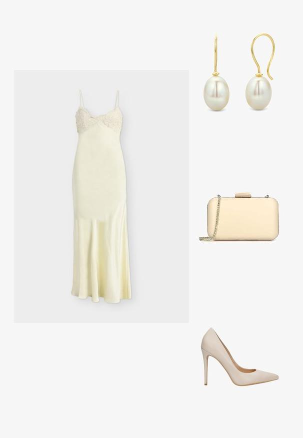 Bardot ELISAN MAXI DRESS - Cocktailkleid/festliches Kleid - ivory; Beiger Leder-Pumps mit hohem Absatz, spitz zulaufender Schuhspitze, glatter Textur und schlankem Stiletto-Absatz. Minimalistisches Design ohne zusätzliche Verzierungen.; Cremfarbene Clutch mit glatter Oberfläche, rechteckiger Form, goldfarbener Beschläge und abnehmbarem Kettenriemen.; Goldene Hakenohrringe, die jeweils eine große weiße ovale Perle mit glatten, reflektierenden Oberflächen auf weißem Hintergrund halten.