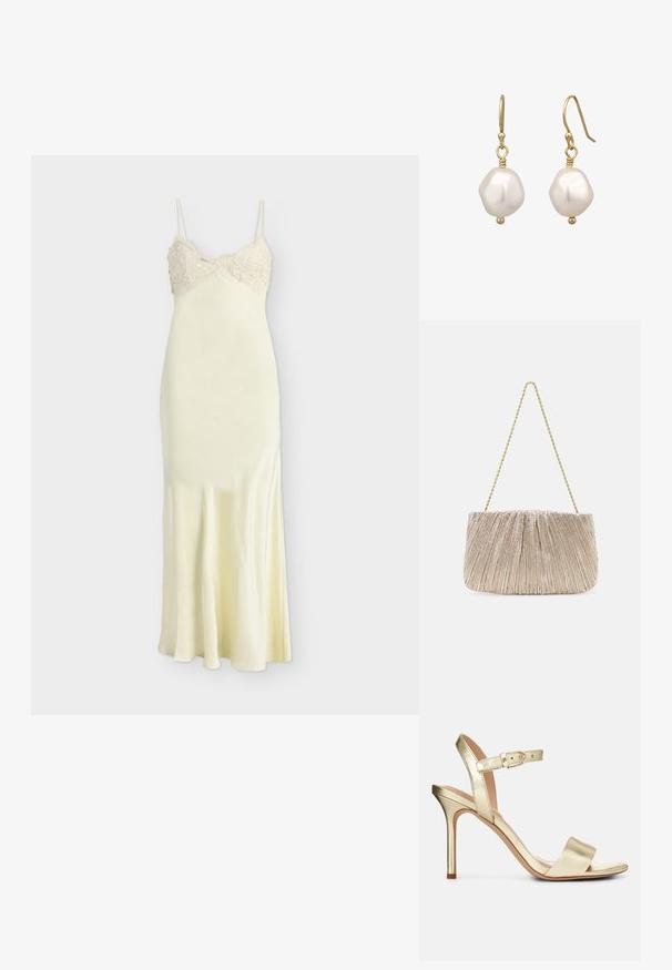 Bardot ELISAN MAXI DRESS - Cocktailkjole / festkjole - ivory; Guldmetallic, strop-sandale med høj hæl og spænde-lukning, åben tå og glat overflade. Har en slank, spids hæl.; Plisseret metallic stof håndtaske med en gylden kædestrop, blød rektangulær form, lys beige farve, tekstureret overflade og samlede detaljer.; Guldtonede øreringe med ujævnt formede hvide perler med en glat overflade, fastgjort med en wire-krog.